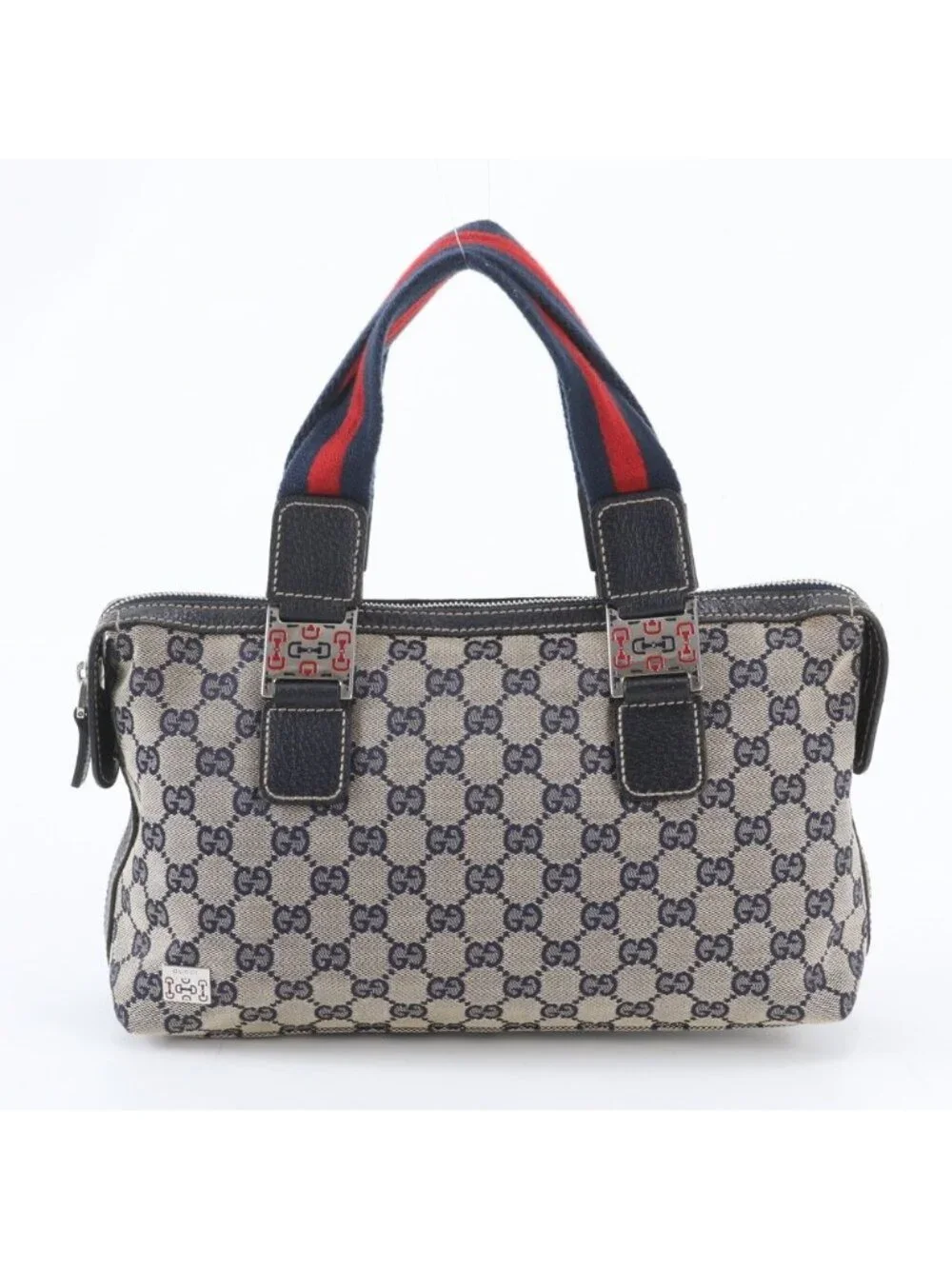Gucci GG Canvas Sherry Line Leather Tote Shoulder Hand Navy